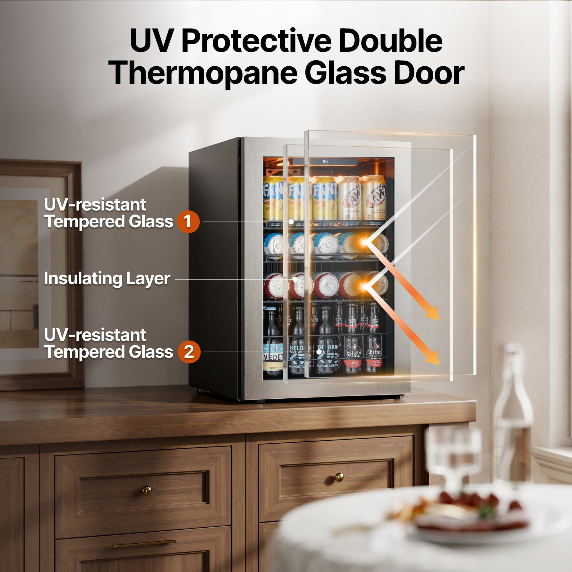 Ca'Lefort Beverage Refrigerator Cooler, 85-95 Can Freestanding Beverage Fridg,Mini fridge with Glass Door for Home/Bar/Office