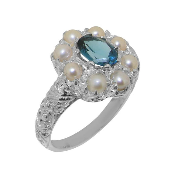 LBG British Made 9k White Gold Natural London Blue Topaz & Cultured Pearl Womens Statement Ring - 33 size options - Size 10