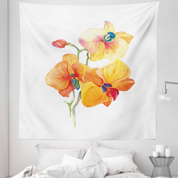 Garden Tapestry, Orchid Petals Wild Flower Exotic Fragrance Pure Florets Watercolor Tribal, Fabric Wall Hanging Decor for Bedroom Living Room Dorm, 5 Sizes, Red Yellow Marigold, by Ambesonne