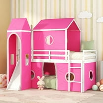 Twin Size House Loft Bed with Slide and Tent, Wood Twin Over Twin Floor Bunk Bed with Curtains & Tower, Loft Bed Playhouse Bed Frame for Boys and Girls(Pink)