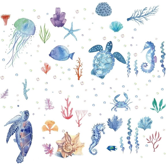 16Pcs Ocean Wall Stickers Sea Animals Turtle Sharks Stickers Window Stickers Decals PVC Waterproof Self Adhesive Wall Cling for Home Decoration Bedroom Living Shower Room Showcase colorful DIY