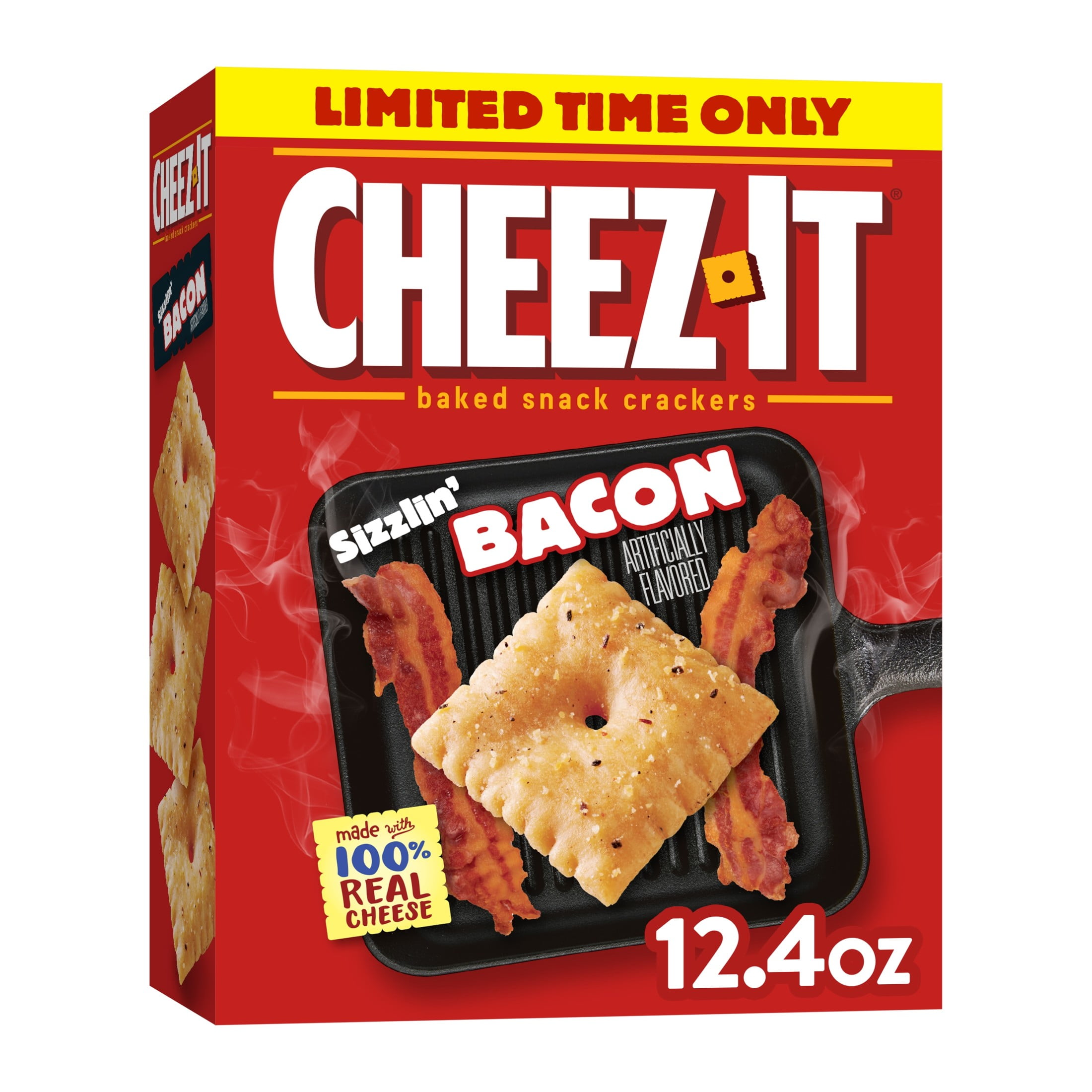 (4 pack) Cheez-It Sizzlin' Bacon Cheese Crackers, Baked Snack Crackers, 12.4 oz
