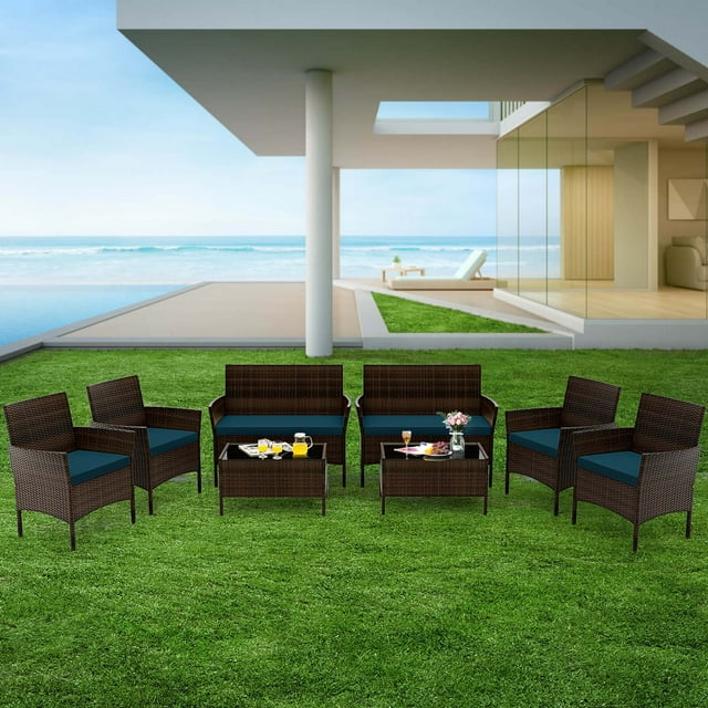 Costway 8 PCS Patio Furniture Set with Washable Cushions and Tempered Glass Coffee Table Blue