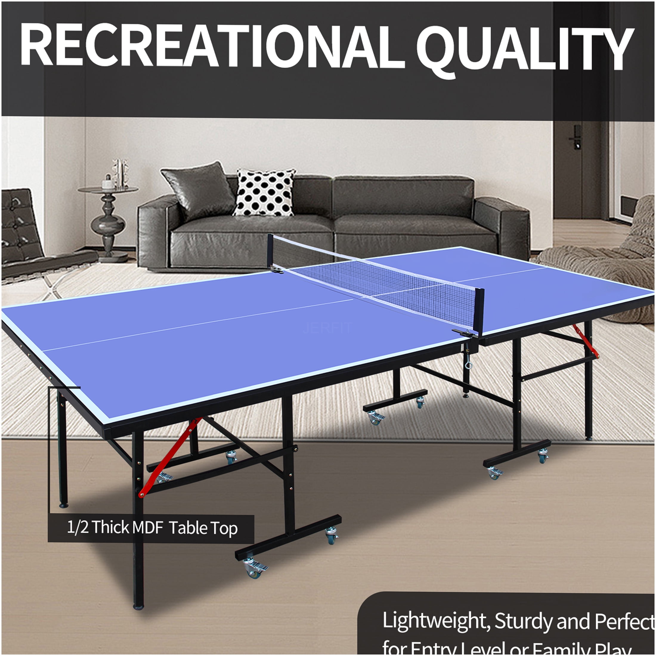 JERFIT 8ft Foldable Indoor Ping Pong Table Set with Net, Paddles & Balls, Professional MDF Top for Home Games