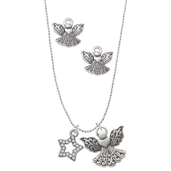 Delight Jewelry Silvertone Clear Crystal Lucky Star Silver tone Guardian Angel Charm Necklace and Stud Earrings