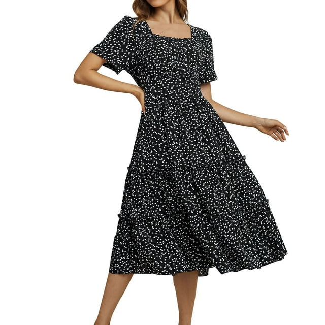 B91xZ Robe d'Invité de Mariage Manches Courtes Col Rond Taille Haute Ligne A Superposée Fluide Robe Courte Shift Mini, Noir S