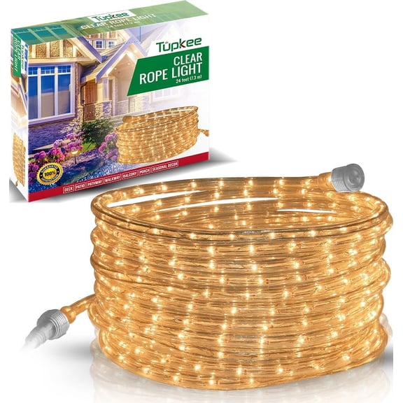 Tupkee Incandescent Rope Light Clear - 24 Feet 7.3 m, for Indoor and Outdoor use - 10MM Diameter - 288 Clear Warm Incandescent Long Life Bulbs Decorative Rope Tube Lights