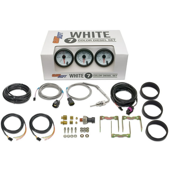 GlowShift | White 7 Color Series 3 Gauge Diesel Truck Set with 60 PSI Boost, 1500F EGT & 30 PSI Fuel Pressure Gauges