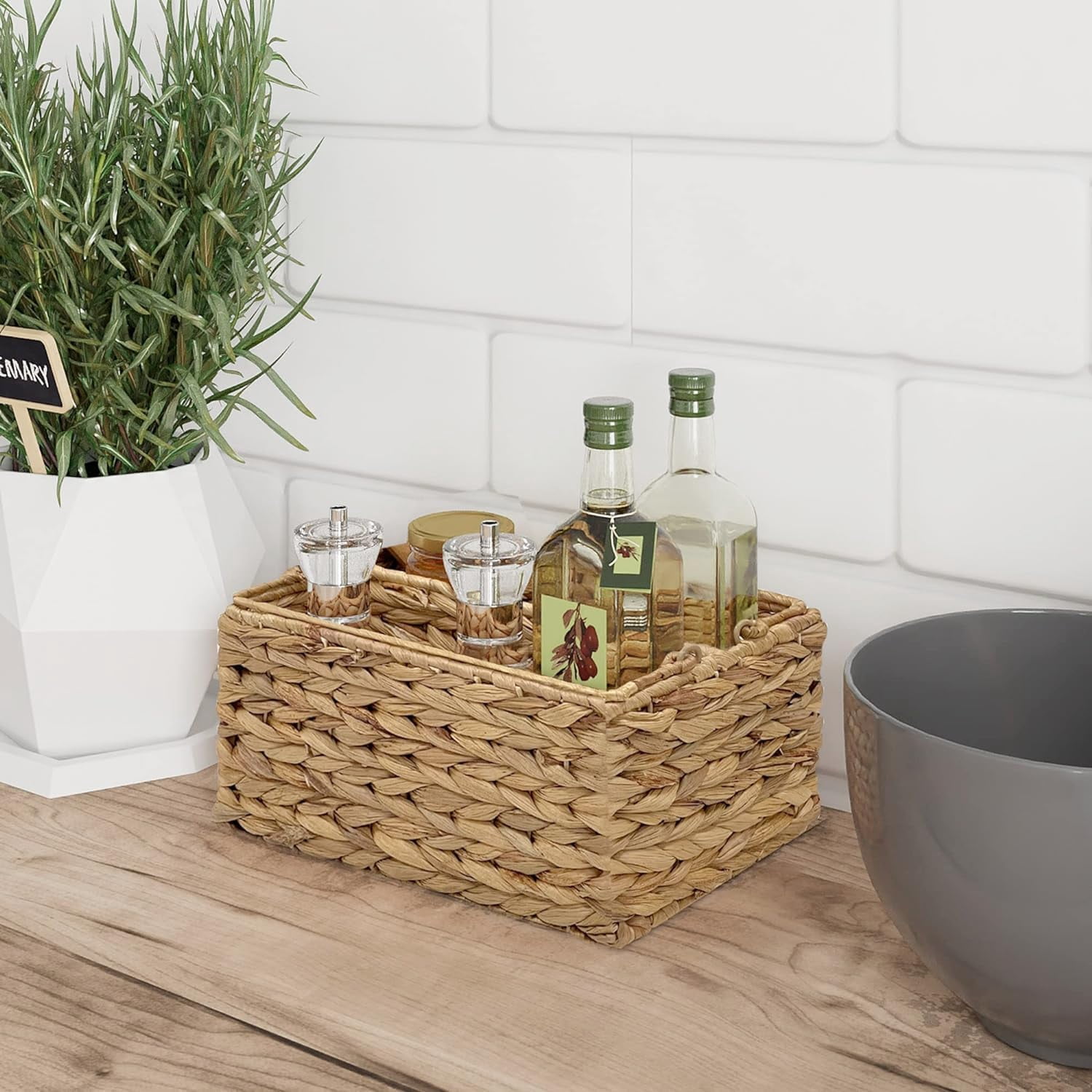 Water Hyacinth Wicker Utensil Caddy Carrier | Water Hyacinth Woven Divided Cutlery Holder for Table - Kitchen Set Counter Top Organizer