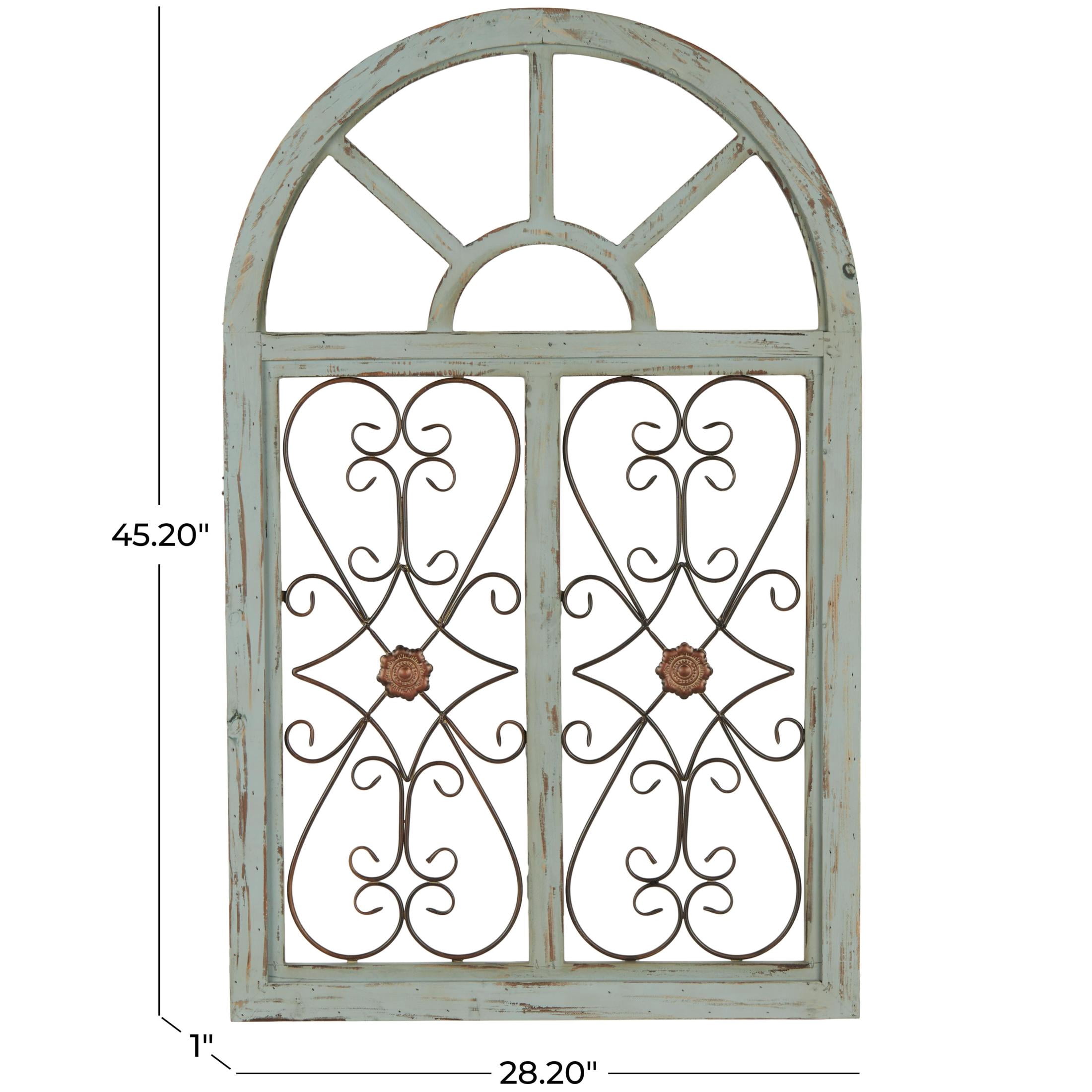 DecMode Light Blue Wood Arched Window Inspired Scroll Wall Decor with Metal Scrollwork Relief
