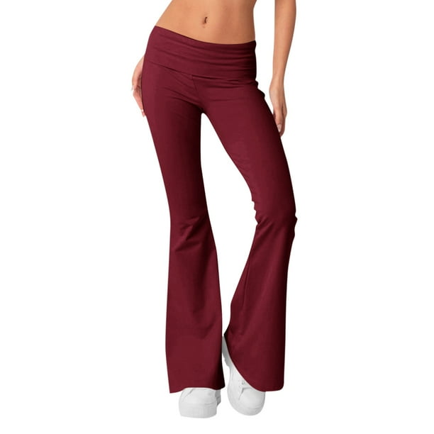 moda de las mujeres color sólido slim fit cintura inversa delgada cintura baja cintura elástica pantalones acampanados vino/xl