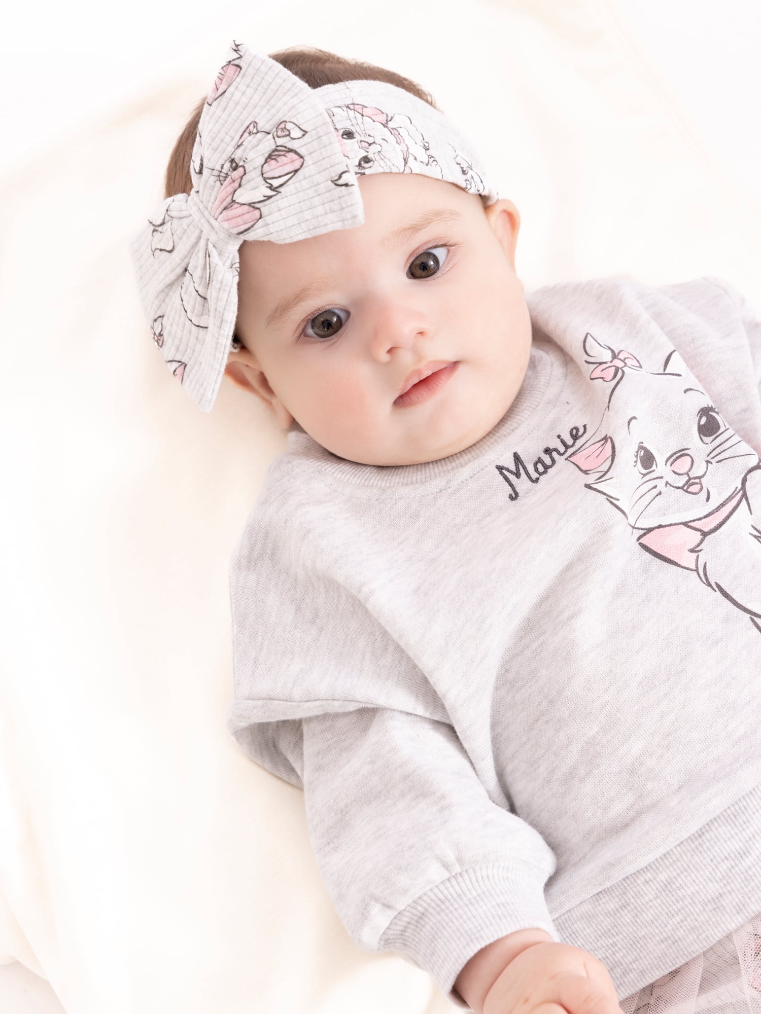 The Aristocats Marie Baby Girls Graphic Tulle Sweatshirt and Printed Leggings with Bow Headband Set, 3-Piece, Sizes 0/3M-24M