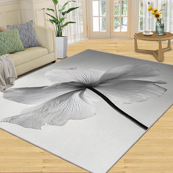 Floral Bedroom Area Rug, Grey Floral Rugs for Living Room, Blooming Flowers Carpet, Non Slip & Low-Pile, Indoor Washable Rugs & Home Decor 4 x 5ft
