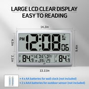 LFF Atomic Clock, Digital Wall Clock with Indoor & Outdoor Temperature, Date, Time, Alarm Clock. Atomic Wall Clock with Wireless Outdoor Sensor, Jumbo Display Easy to Read