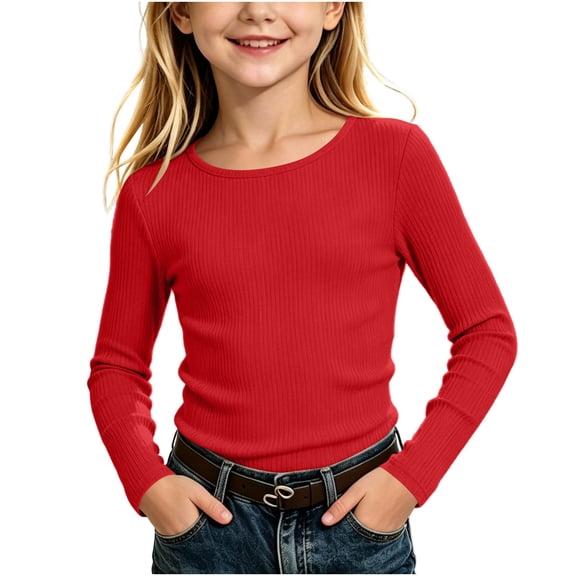 Khunlpohl 5-13 Years Girls Shirts Round Neck Solid Color Slim Undershirts Ribbed Long Sleeve Lounge Clothes for Kids