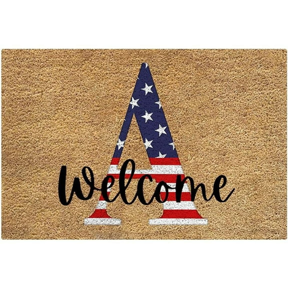FastXmas 4th of July Welcome Doormat, 15.7"x23.6" Star & Stripes English Letters Patriotic Front Porch Rugs, Non-Slip Velvet Alphabet Entrance Door Mat Independence Day Decorations for Outdoor Indoor