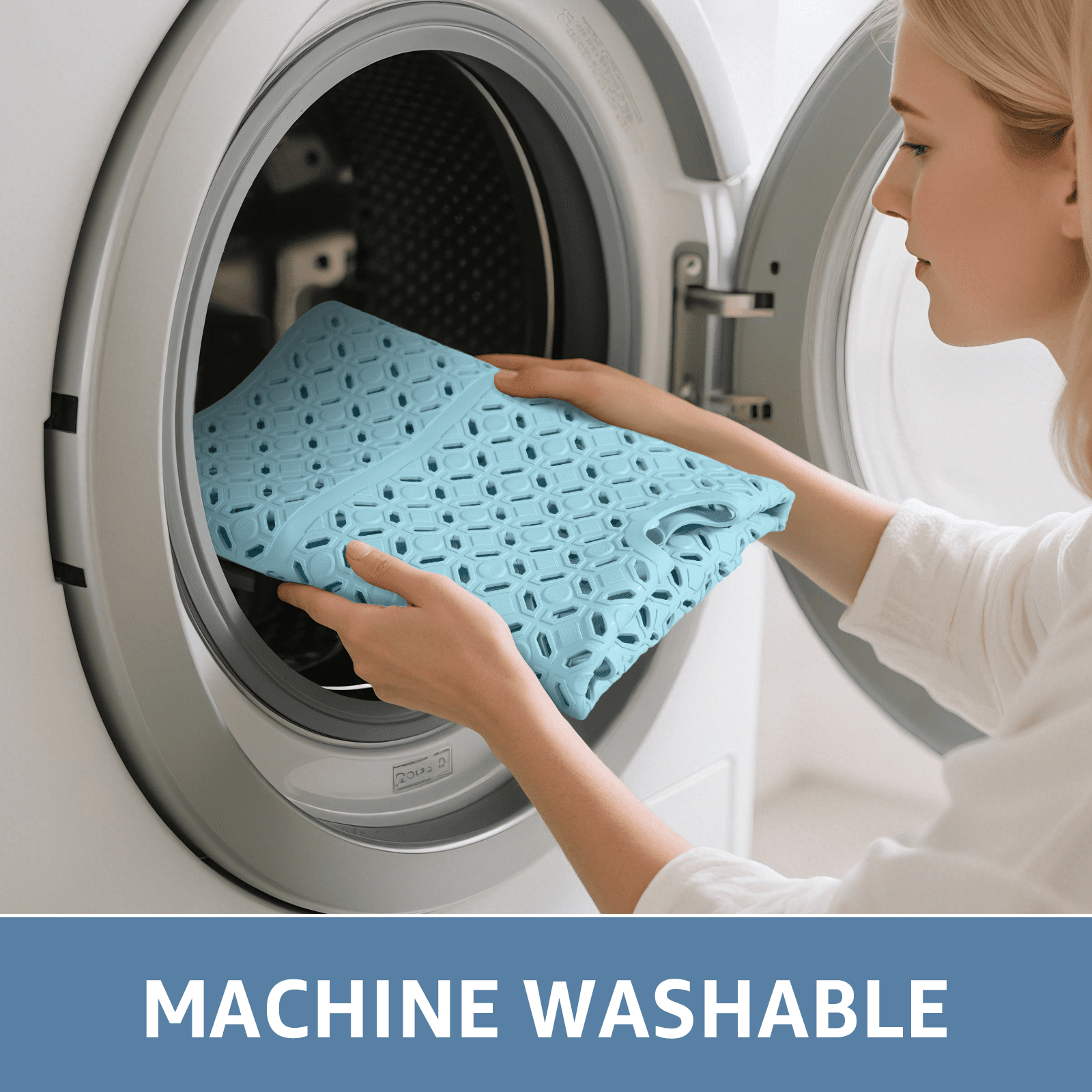 Yolife 27" x 27" Square Shower Mat, Non-Slip TPE Bath Mat with Drain Hole & Suction Cups, Machine Washable Soft Floor Mat for Tub or Stall,Blue