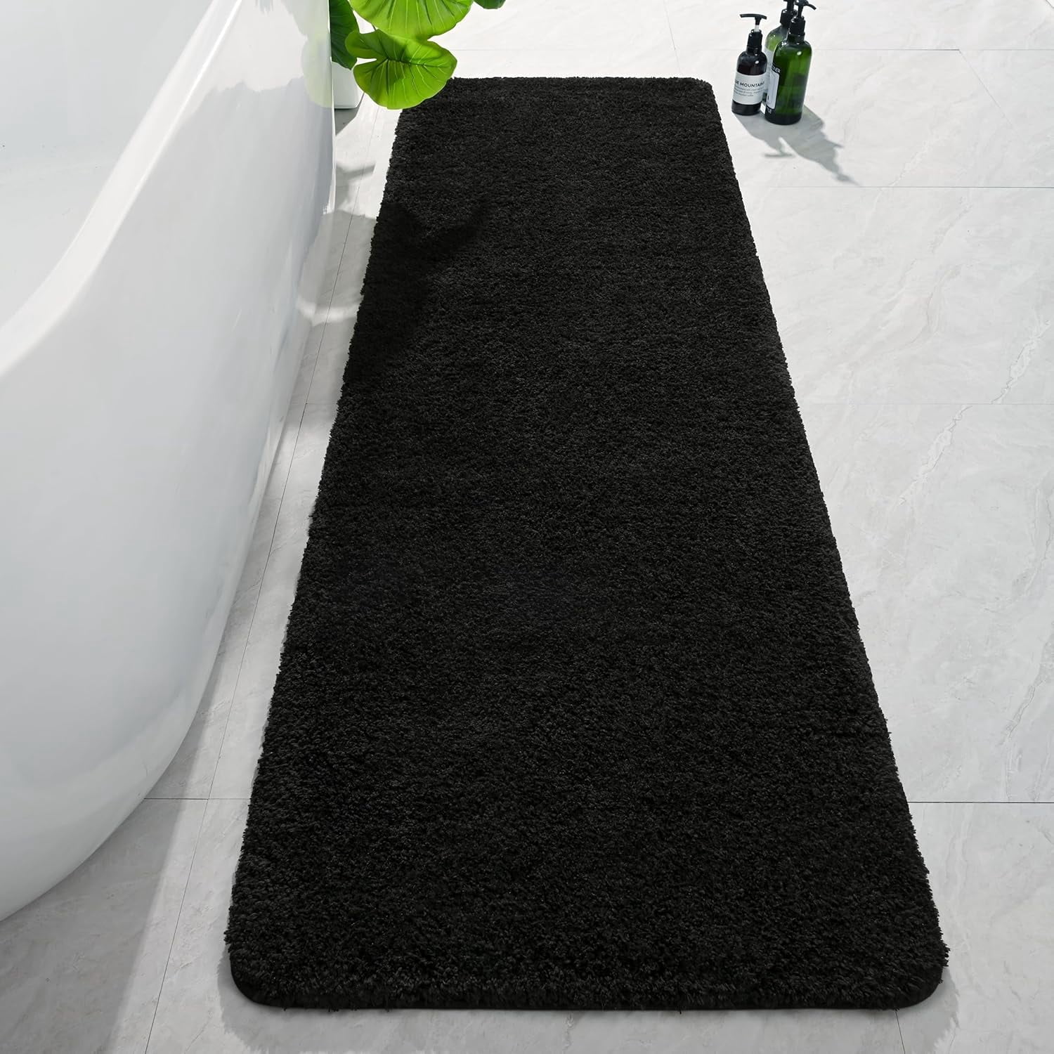 Luxury Long Bathroom Runner Rug, 24x84 Inch Thick Soft and Absorbent Microfiber Non Slip Bath Mat, Rubber Backing Quick Dry Rugs Carpets, Washable Plush Mats for Shower Floor, Black