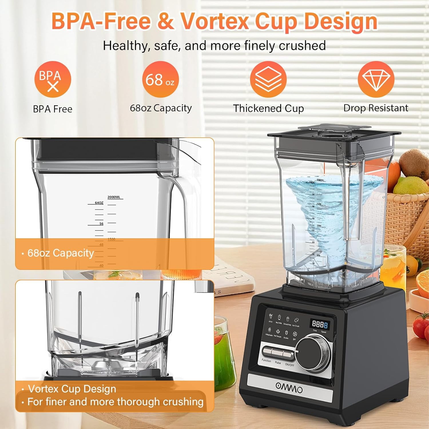 Peak1800W Blender for Smoothies, 68oz BPA-Free Kitchen Countertop Blender with 9 Speeds & Timer
