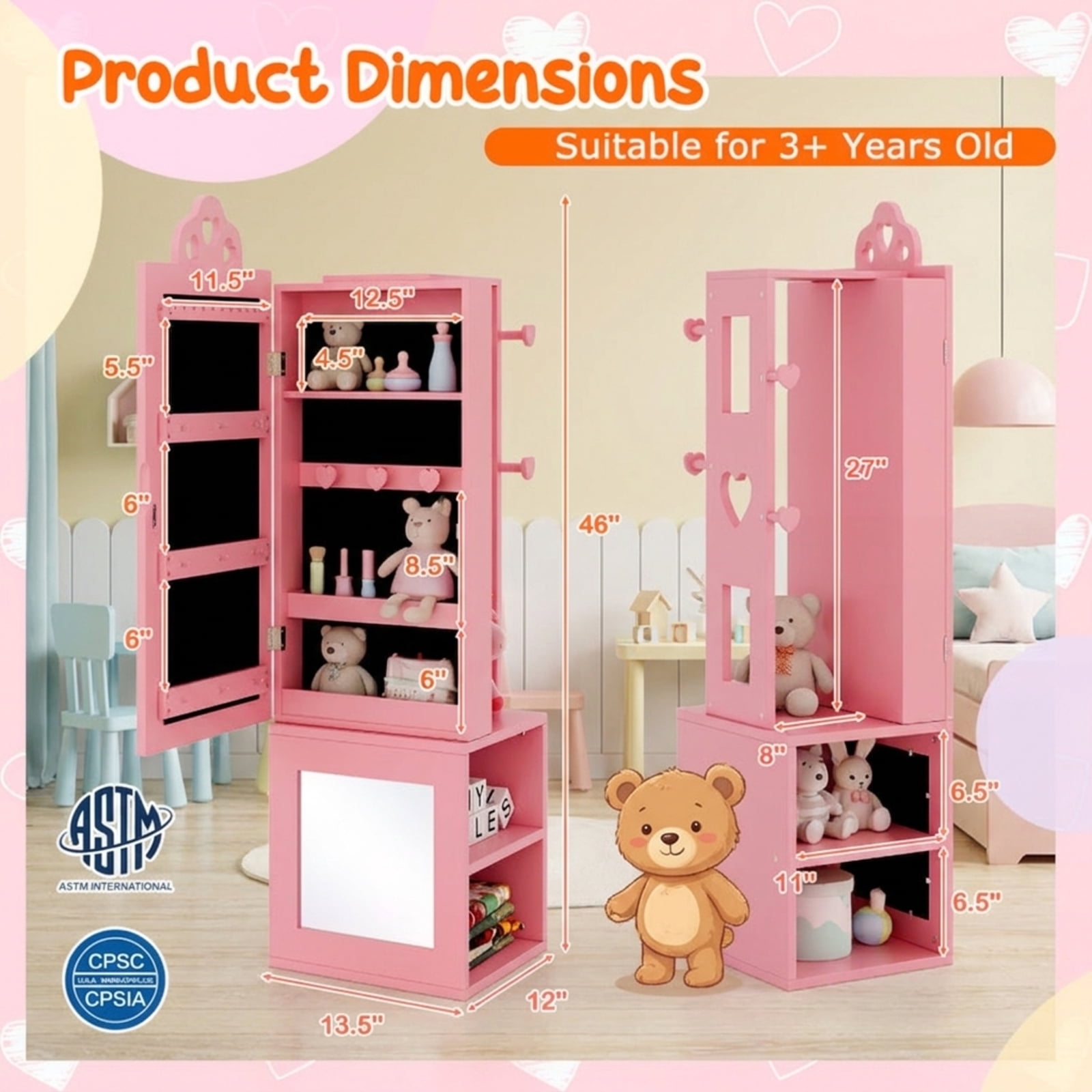 Furnibear Kids Vanity Set Girls Dressing Table and Stool with Full-Length Mirror Jewelry Cabinet Drawer for Bedroom, Pink