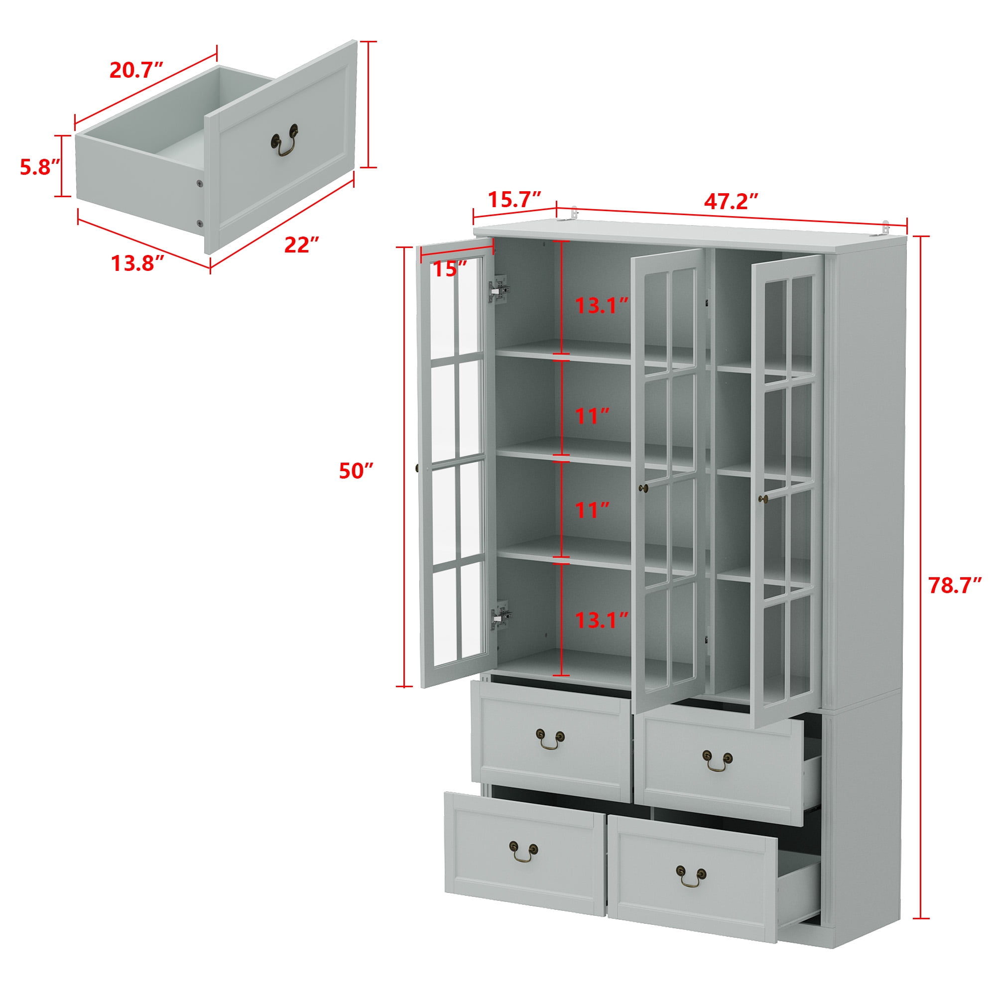 KULAGAGA 78.7" H Kitchen Pantry Cabinet with 4 Drawes, Display Storage Cabinet Bookcase for Home Office, Light Gray