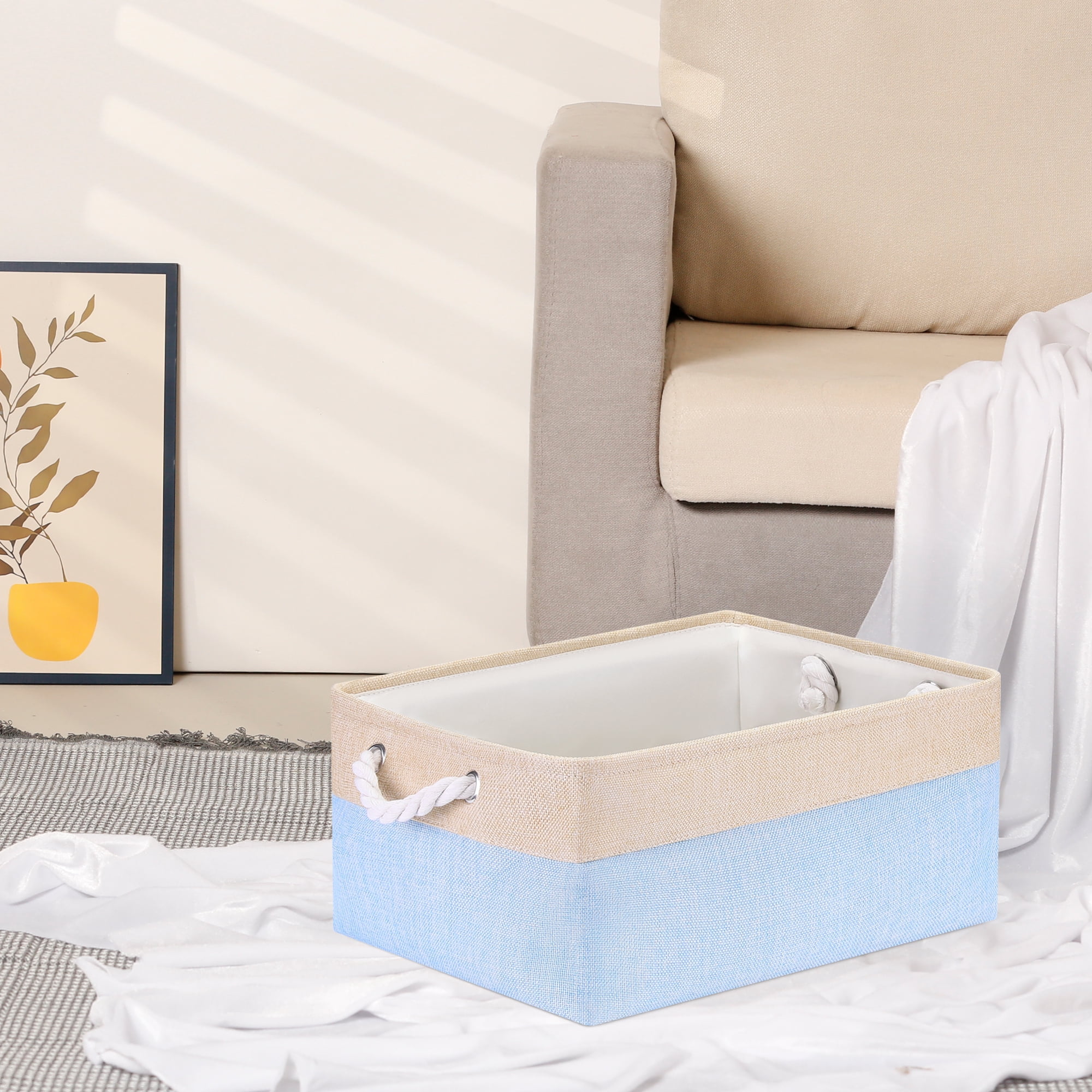 Unique Bargains Storage Bin with Handle Fabric Cube Light Blue/Brown 16*12.5*8in