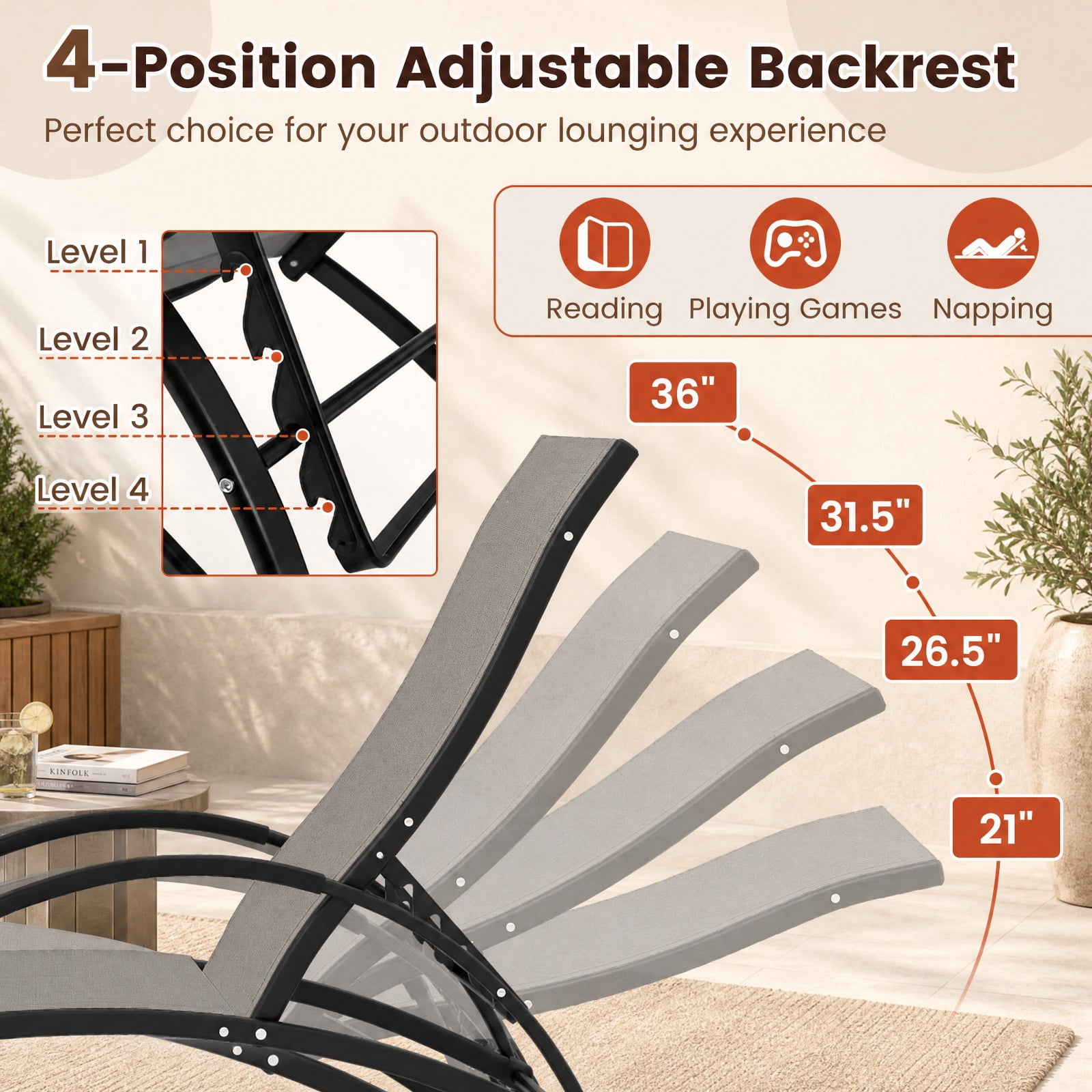 Furnibear 2 in 1 Outdoor Rocking Chair with 4 Position Adjustable Backrest and Aluminum Frame for Patio Porch and Poolside, Gray