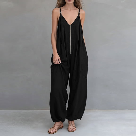 WHLBF Pants for Women V Neck with Adjustable Straps Side Slits and Pockets Jumpsuit Black L