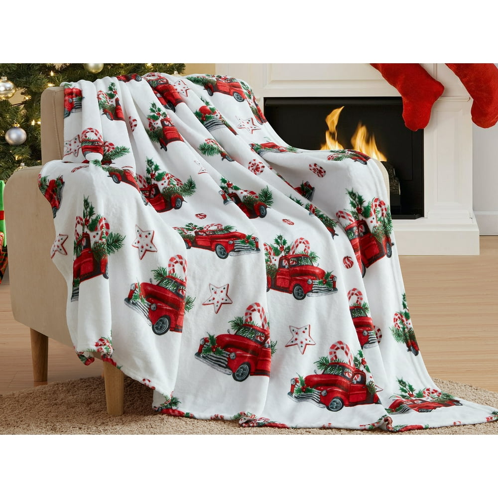 Christmas Holiday Throw Blanket Country Rustic Red Truck with Old