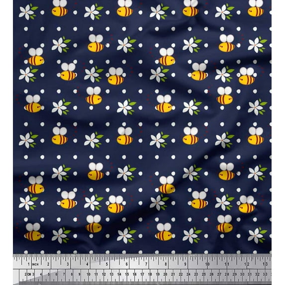 Soimoi Viscose Chiffon Fabric Leaves,Floral & Honey Bee Clip Art Print Fabric by Yard 42 Inch Wide