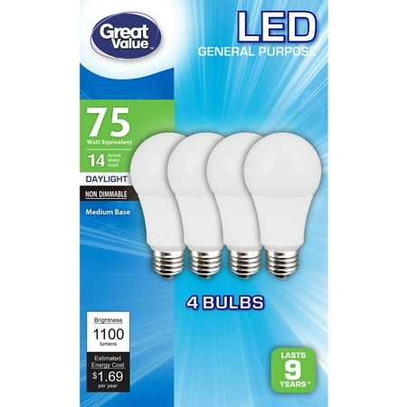 Great Value LED A19 (E26) Light Bulbs, 14W (75W Equivalent), Daylight,