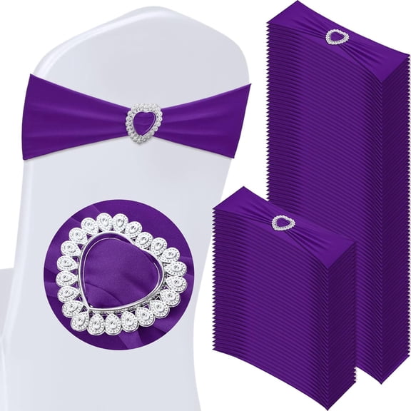 100 Pcs Spandex Chair Sashes with Heart Shaped Buckle Slider Stretch Chair Cover Band Universal Elastic Ties for Wedding Banquet Event Party Decoration(Purple)