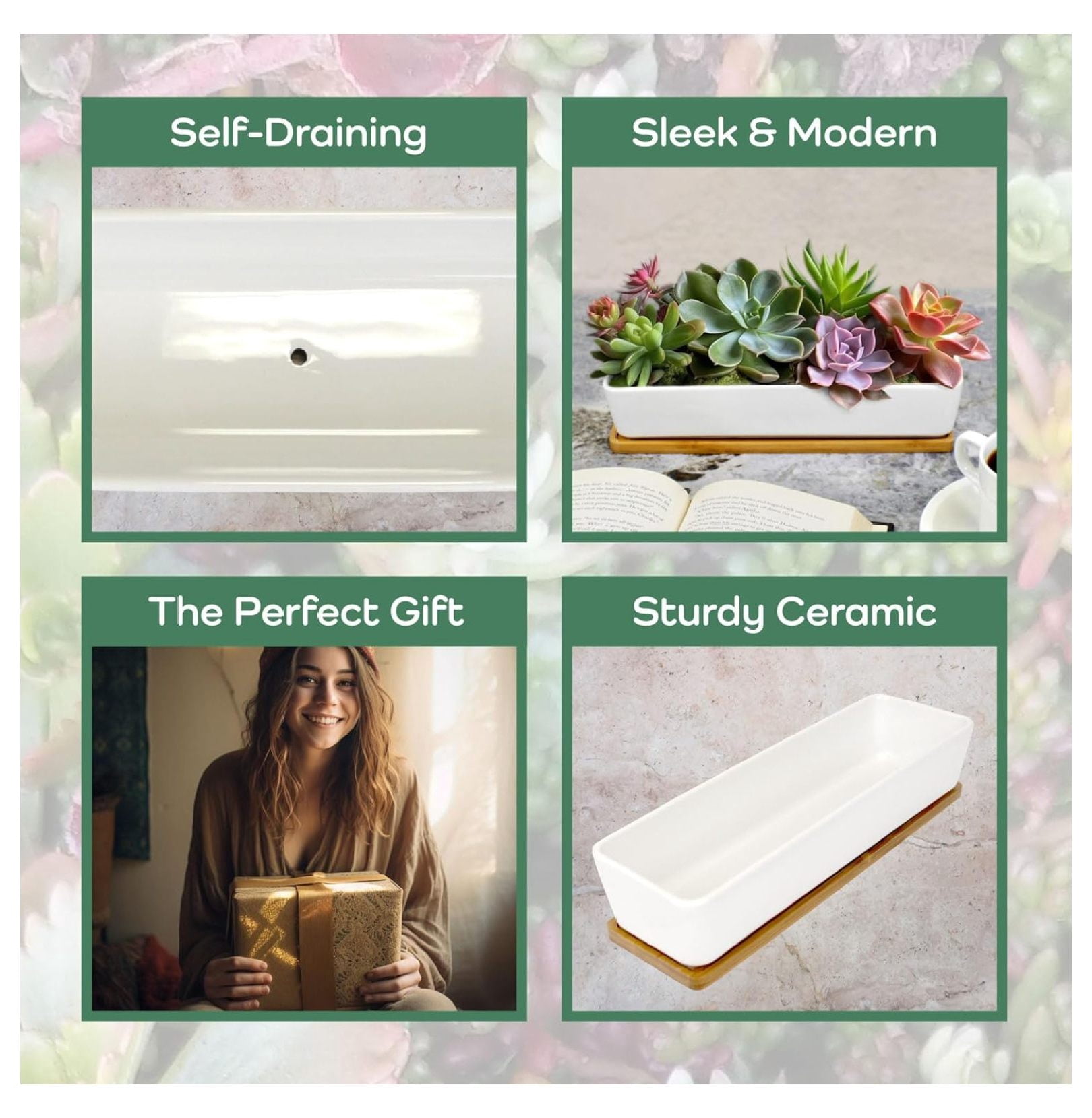 Ceramic Plant Pots - 11" Long Rectangle White Planter with Bamboo Tray - Indoor Succulent & Flower Pots - Boho Chic Decor - Modern Minimalist Design