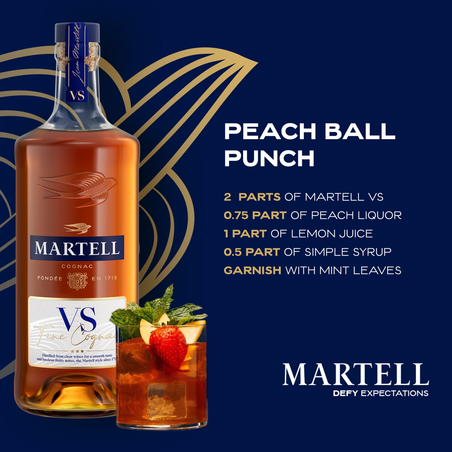 Martell VS Cognac, 750 mL Bottle, 40% ABV, Smooth & Fruity