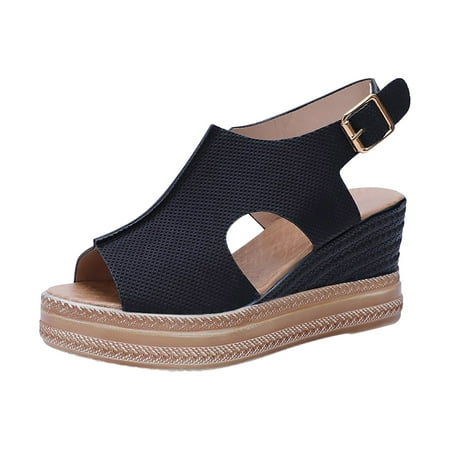 

KIJBLAE Women Summer Sandals Shoes Platform Wedges Sandals for Beach Ladies Shoes Peep Toe Sandals Plus Size Black 38