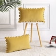 thumbnail image 3 of Boho Decorative Soft Velvet Lumbar Pillow Covers with Plush Balls Solid Cushion Case for Couch Bed Sofa, Yellow, 12x20 inch, 2 Packs, 3 of 7