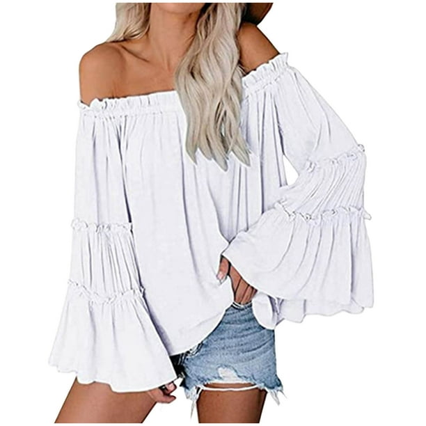 HongQid Womens Off The Shoulder Long Bell Sleeve Tops Flared Casual Loose Blouse