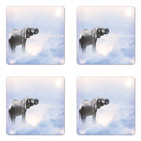 

Mystic Coaster Set of 4 Elephant Standing in the Clouds Freedom Metaphor Blessedimal Strength Concept Square Hardboard Gloss Coasters Standard Size Grey Blue by Ambesonne