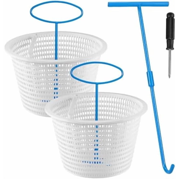 2pcs 8'' Inground Pool Skimmer Basket Replacement with 2pcs Skimmer Basket Handle and 1pcs Hook,Pool Cleaning Tools & Accessories for Debris and Leaves Removal$$Garden & Patio