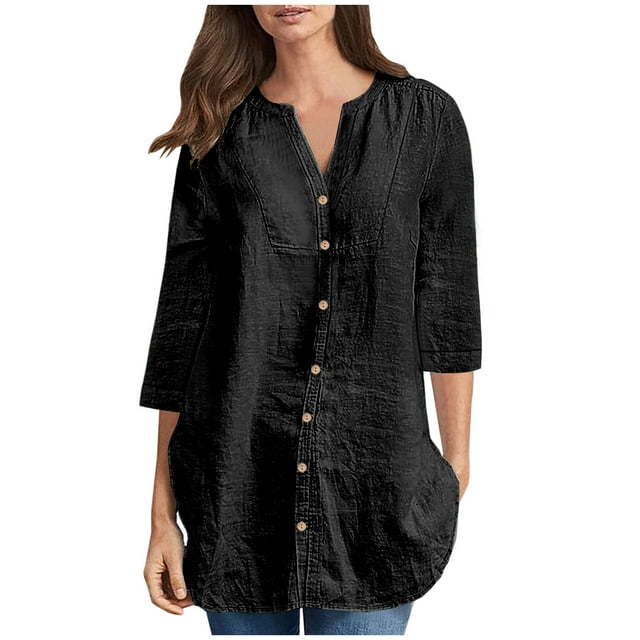 Timegard Womens Cotton Linen Tops 3/4 Sleeve Notched V-Neck Button down Comfy Casual Loose Long Top