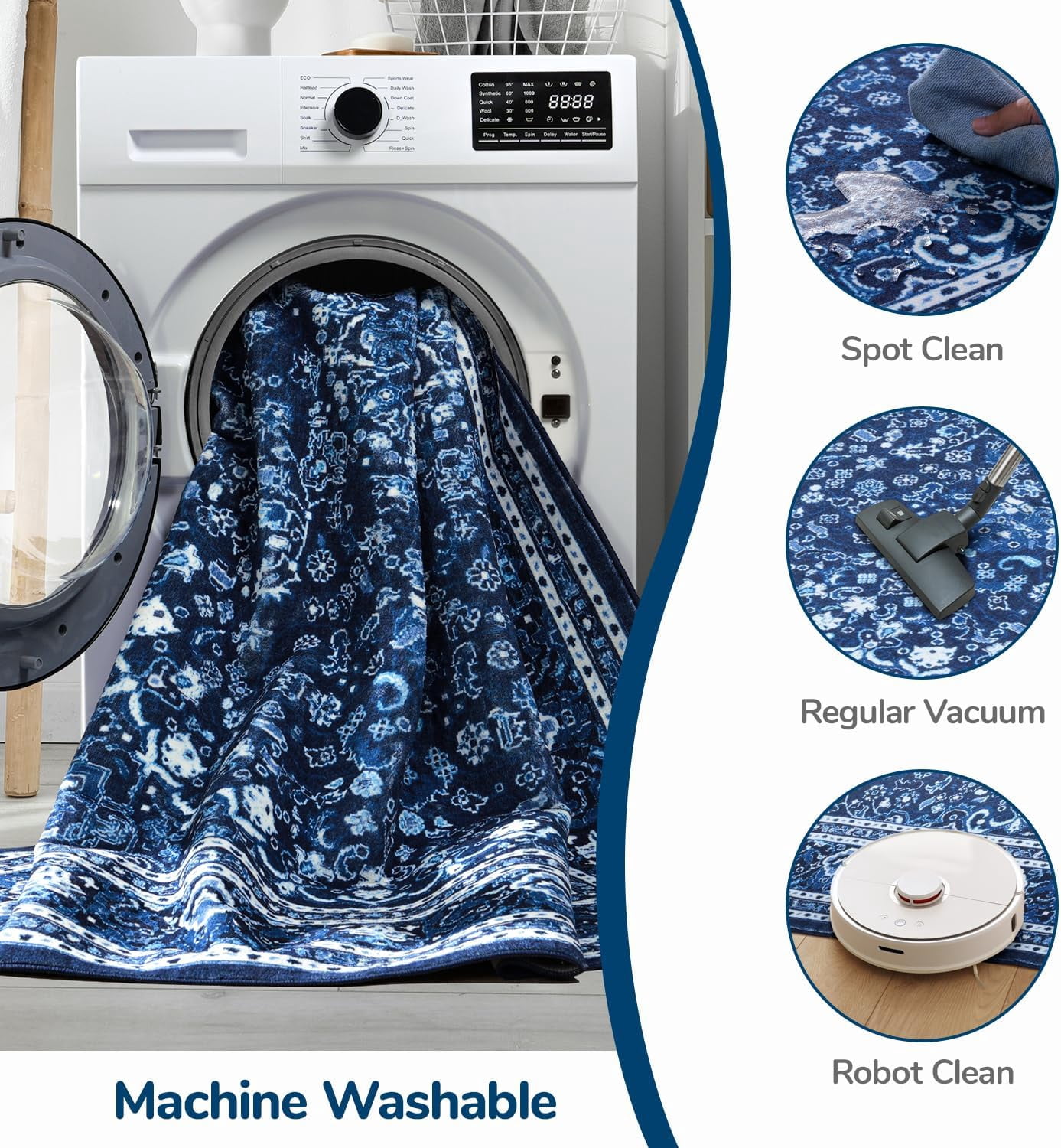 Reepow 9x12 Faux Wool Machine Washable Large Vintage Boho Floral Medallion Non-Slip Rubber Low Pile Area Rug for Living Room Bedroom Office,Blue White