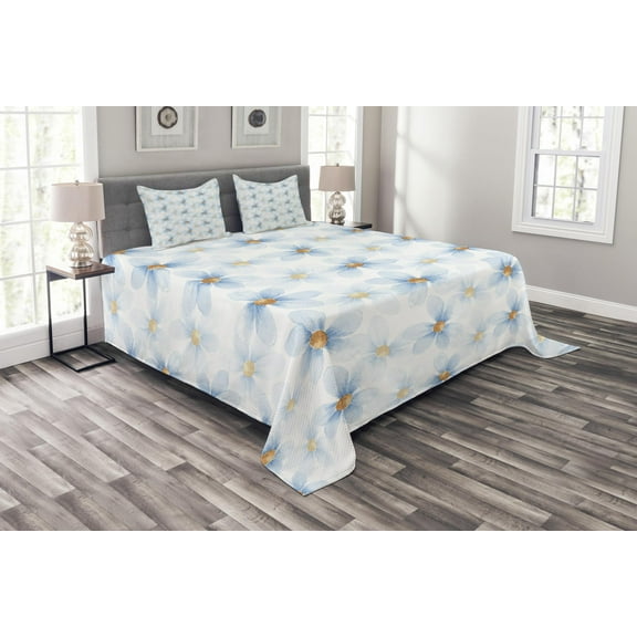 Ambesonne Pastel Quilted Bedspread Set 3 Pcs, Chamomiles Art, Queen Size, Blue Yellow White