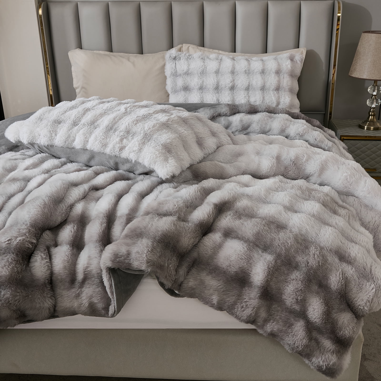 Plush Rabbit Faux Fur Comforter Set Queen/King Size Tie Dyed Fluffy Comforter Bed Set Luxury 3 Pieces Warm Shaggy Winter Comforter Queen Size Soft Bubble Bedding Comforter Set