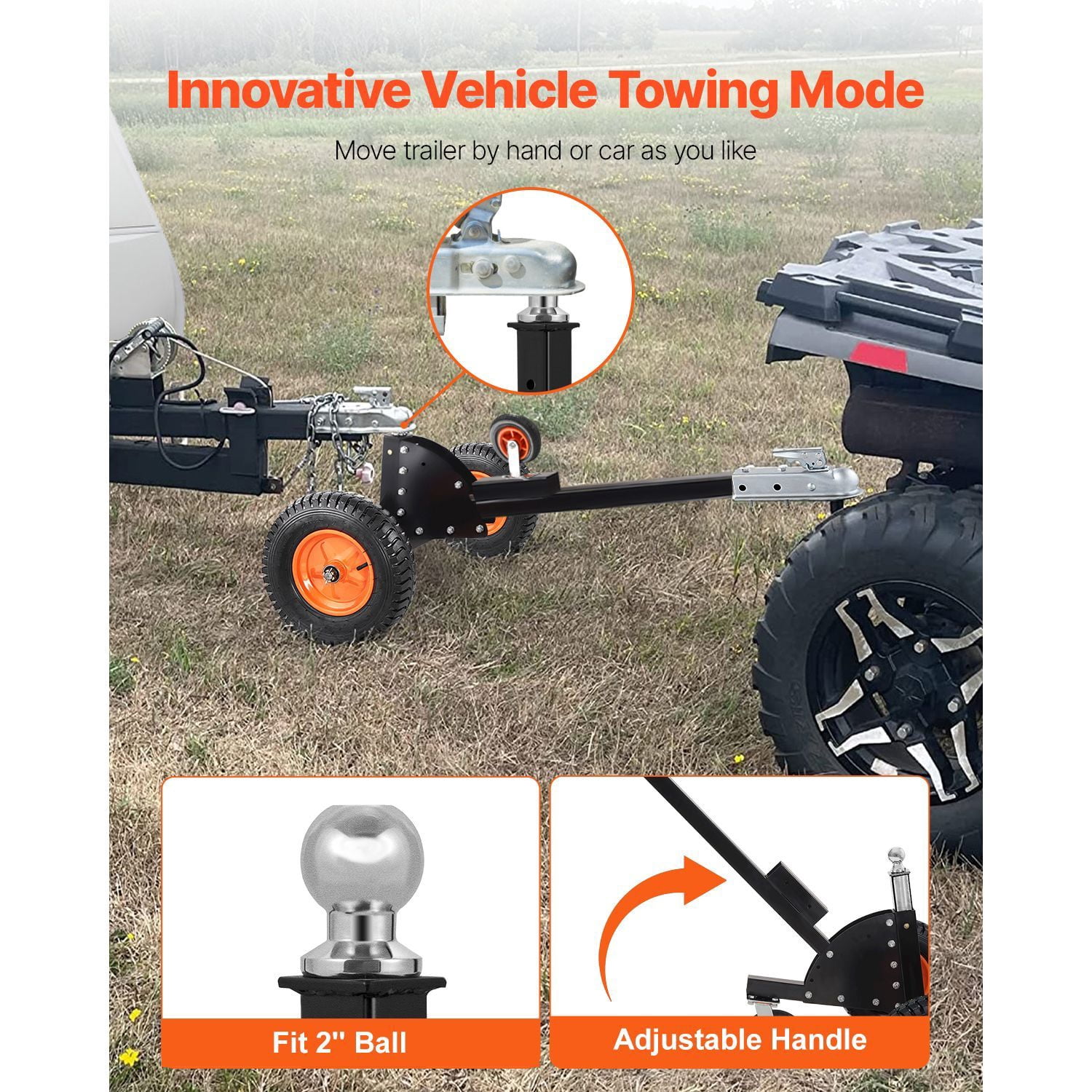 Heavy Duty Trailer Dolly, 1500lbs Tongue Weight Capacity, 2 in 1 Trailer Mover with 2 in Ball, 16 in Pneumatic Tires and Universal Wheel, Portable Tow Dolly for Moving Car RV Trailer