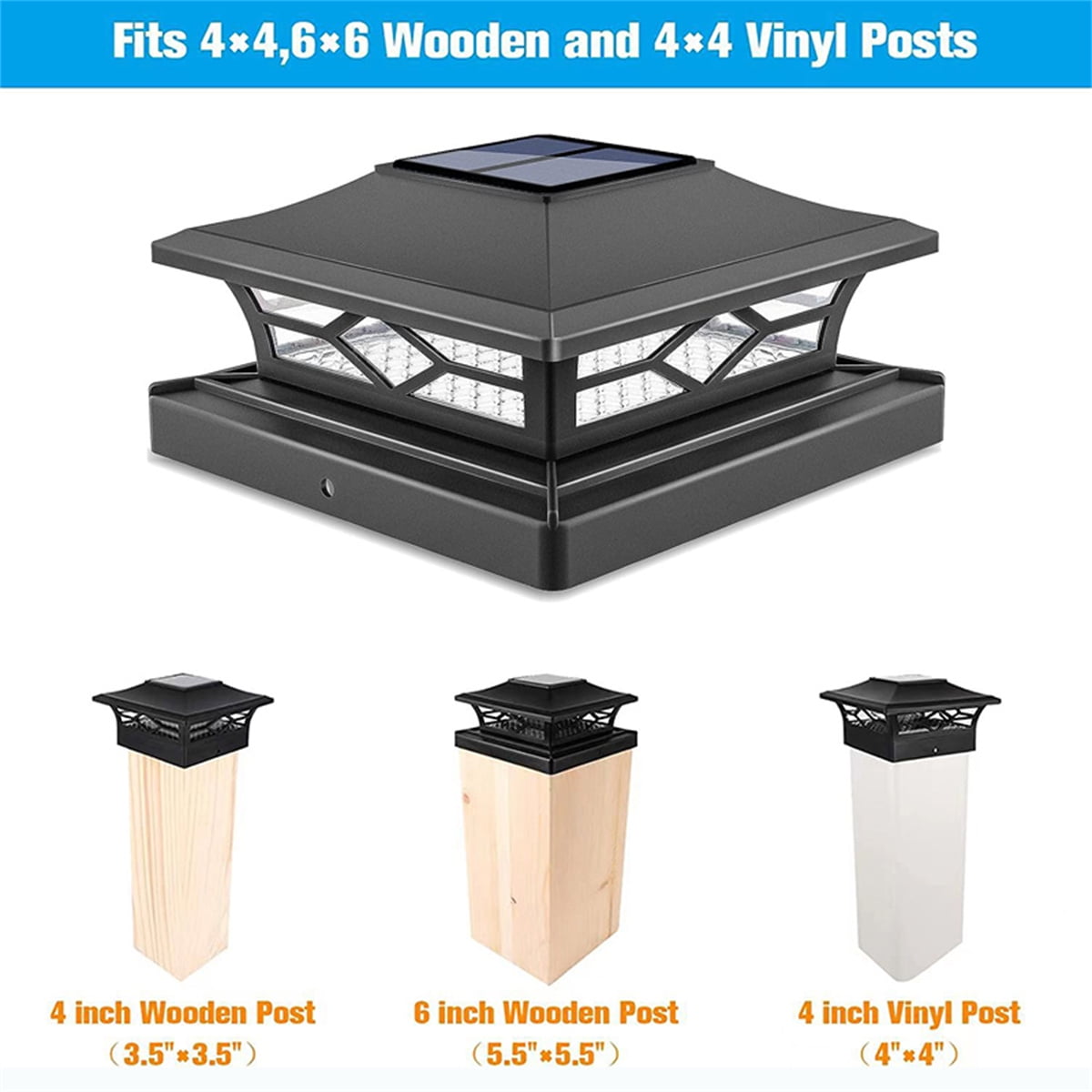 4 Pack Solar Post Cap Lights, 4''x4'' 6''x6'' Outdoor LED Fence Post Cap Lights, 2 Color Modes Solar Powered Deck Lights for Dock Waterproof, fit for Wooden/Vinyl Posts