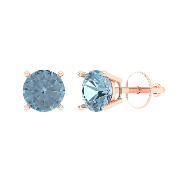2 ct Screw-Back Stud Earrings for Women | 6.5mm Round Cut Natural Aquamarine | 18K Rose Gold