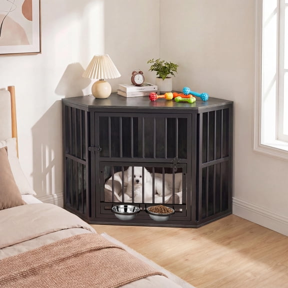 Walnut Wooden Dog Kennel End Table with 3-Position Dog Bowl Rack, Corner Dog Crate for Small Dogs