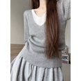 thumbnail image 1 of Suéteres falsos de dos piezas para mujer, tallas S-5XL, cuello en V ajustado, estilo coreano para desplazamientos diarios, sencillos y tiernos, jerséis elegantes de moda., 1 of 6