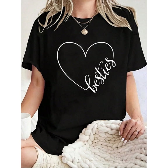 Besties BFF Best Friends Heart Friendship Cute Matching T-Shirt Cotton Summer Outfits For Women For Spring/Summer Fashion Graphic Tees Women Tops
