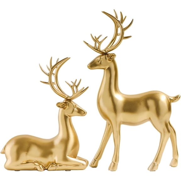 Gold Christmas Reindeer Figurines 2pcs Resin Couple Deer Sculptures Mini Xmas Deer Statue Animal Table Centerpiece for Home Living Room Office Decor